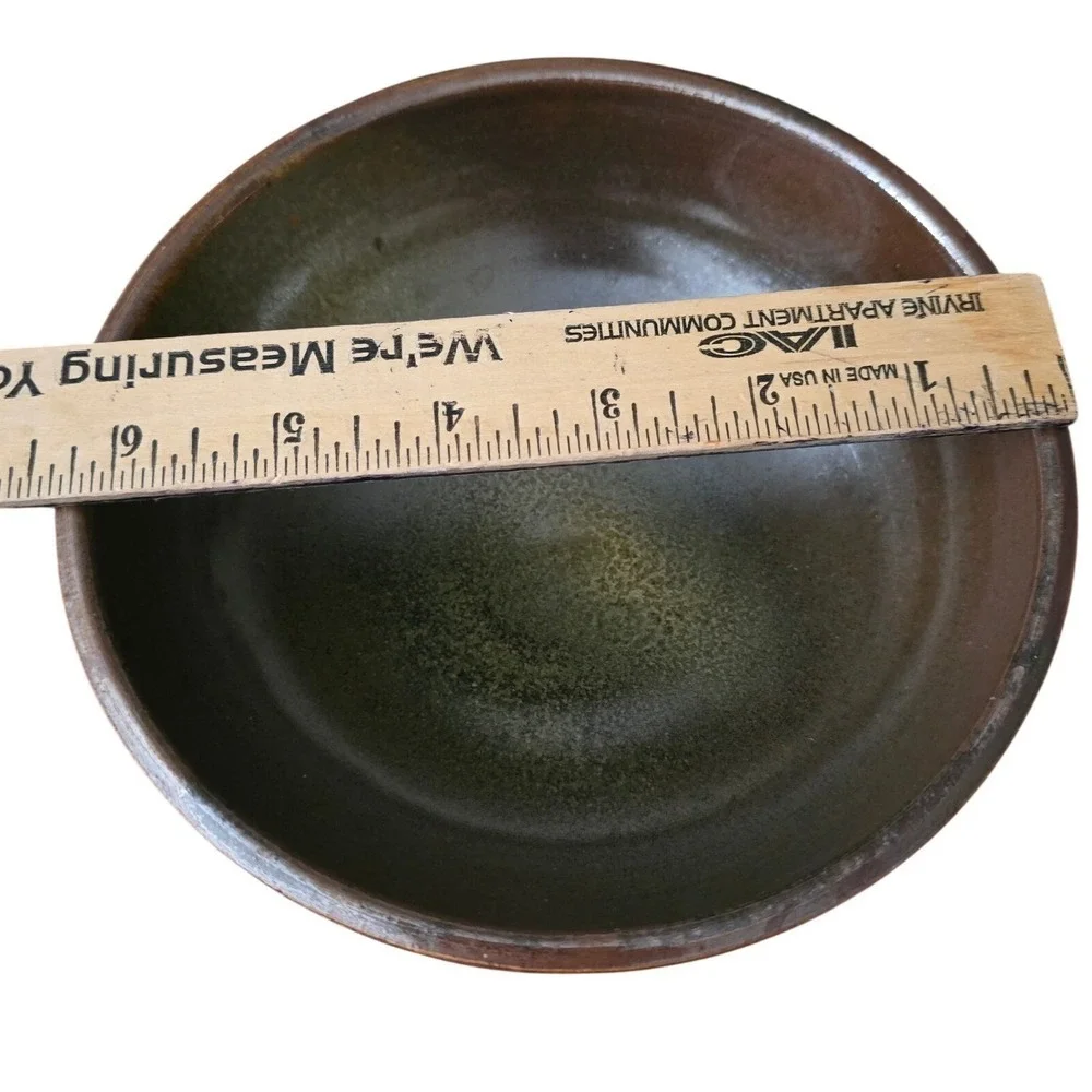 Studio Art Pottery‎ Hand Thrown Glazed Bowl Signed Earthy Green Brown 6.5